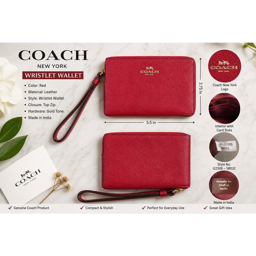 Coach Corner Zip Wristlet Red Crossgrain Leather Wallet G2308-58032 Gold Tone